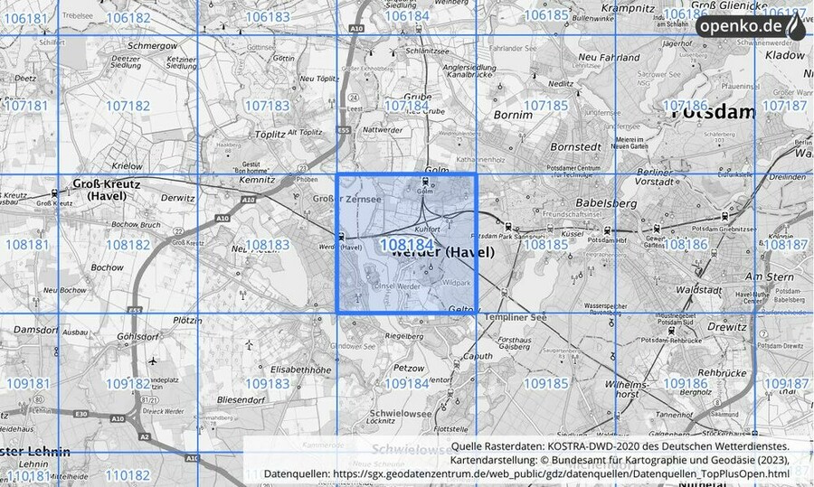 Übersichtskarte des KOSTRA-DWD-2020-Rasterfeldes Nr. 108184