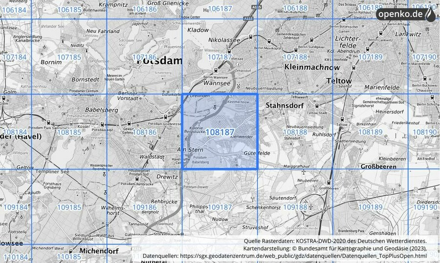 Übersichtskarte des KOSTRA-DWD-2020-Rasterfeldes Nr. 108187