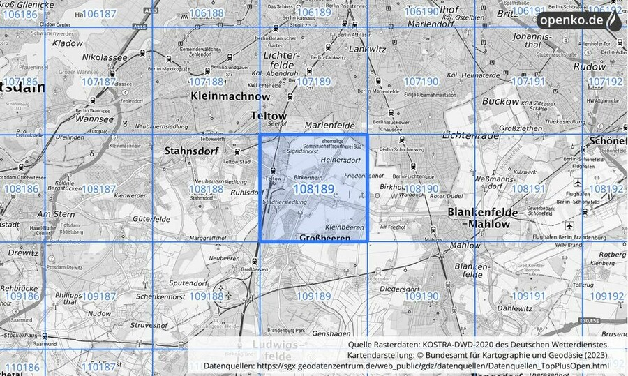 Übersichtskarte des KOSTRA-DWD-2020-Rasterfeldes Nr. 108189