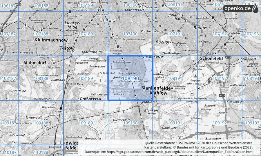 Übersichtskarte des KOSTRA-DWD-2020-Rasterfeldes Nr. 108190