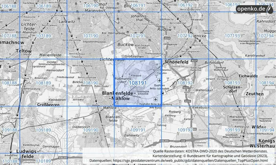 Übersichtskarte des KOSTRA-DWD-2020-Rasterfeldes Nr. 108191