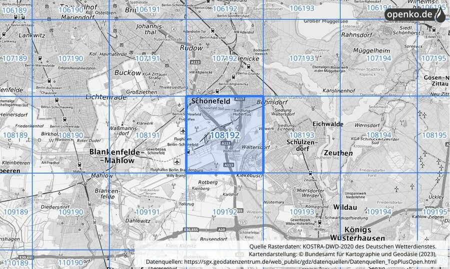 Übersichtskarte des KOSTRA-DWD-2020-Rasterfeldes Nr. 108192