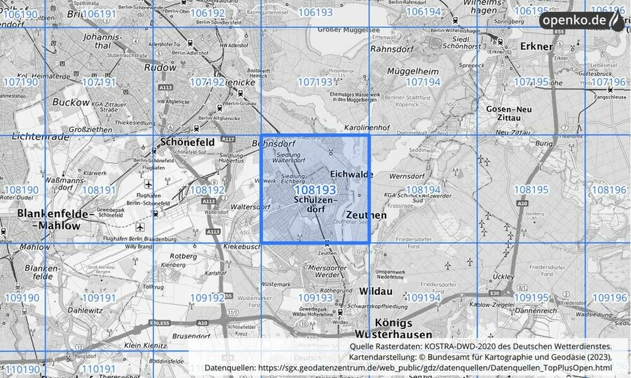 Übersichtskarte des KOSTRA-DWD-2020-Rasterfeldes Nr. 108193