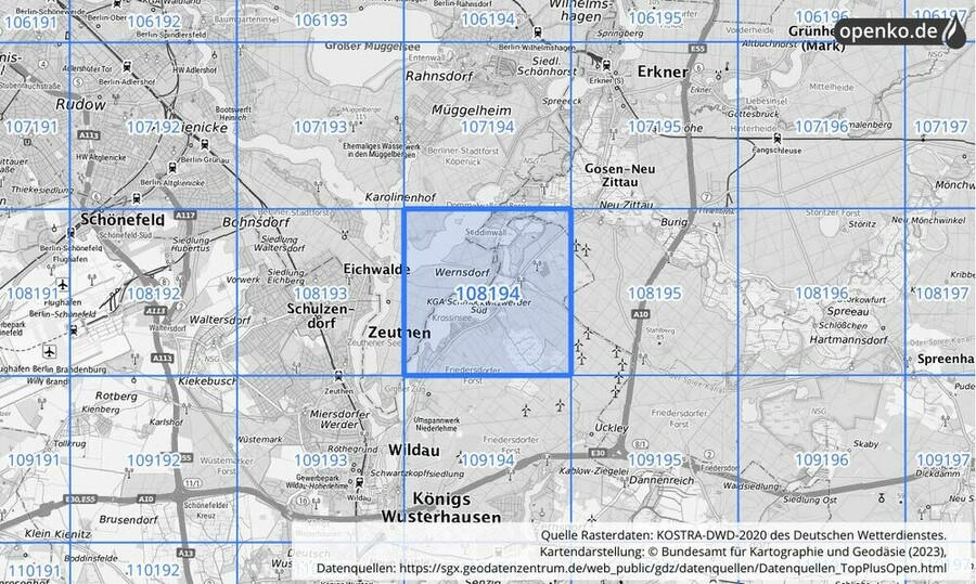 Übersichtskarte des KOSTRA-DWD-2020-Rasterfeldes Nr. 108194