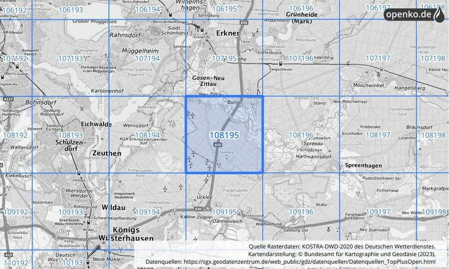 Übersichtskarte des KOSTRA-DWD-2020-Rasterfeldes Nr. 108195