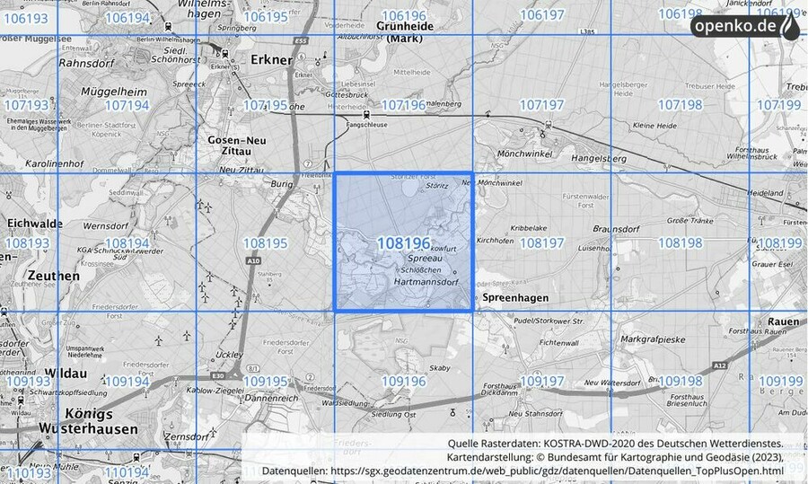 Übersichtskarte des KOSTRA-DWD-2020-Rasterfeldes Nr. 108196