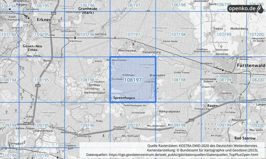 Übersichtskarte des KOSTRA-DWD-2020-Rasterfeldes Nr. 108197