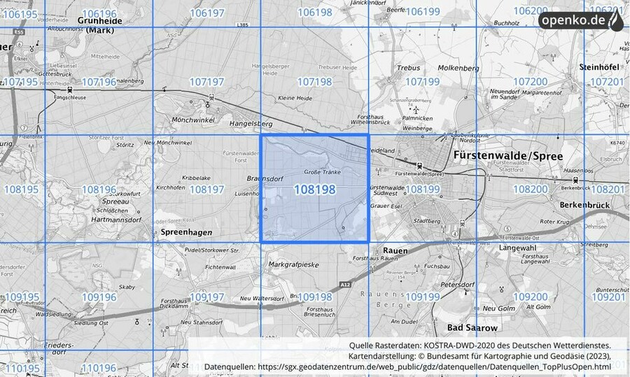 Übersichtskarte des KOSTRA-DWD-2020-Rasterfeldes Nr. 108198