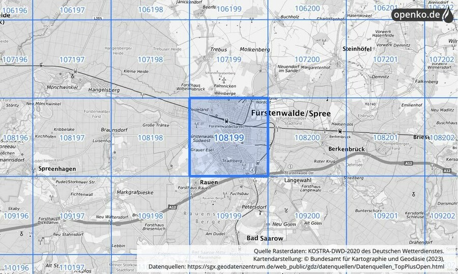 Übersichtskarte des KOSTRA-DWD-2020-Rasterfeldes Nr. 108199