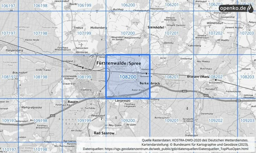 Übersichtskarte des KOSTRA-DWD-2020-Rasterfeldes Nr. 108200