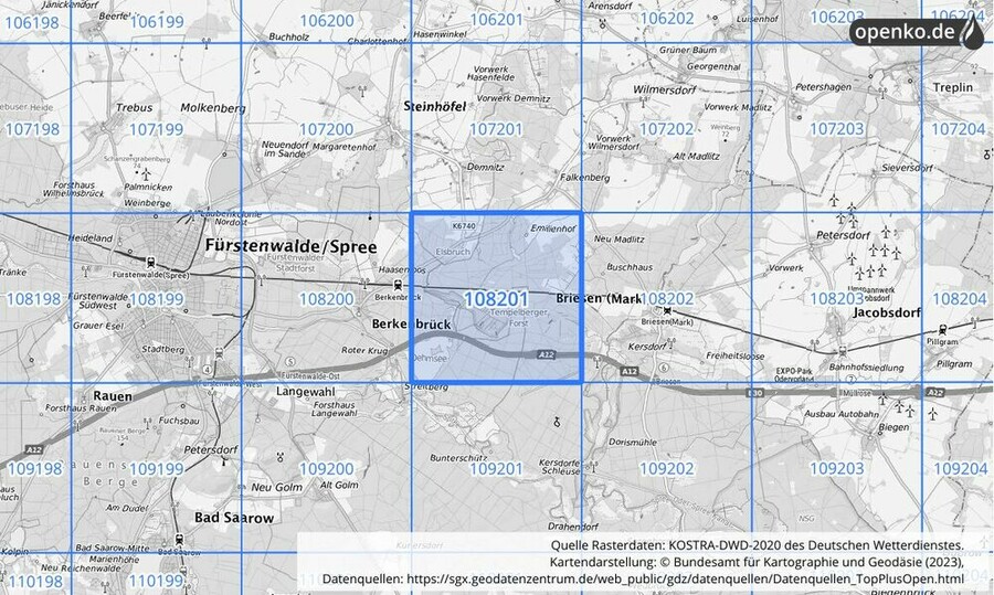 Übersichtskarte des KOSTRA-DWD-2020-Rasterfeldes Nr. 108201