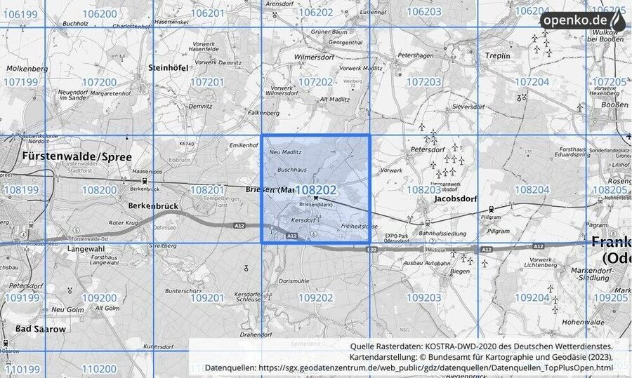 Übersichtskarte des KOSTRA-DWD-2020-Rasterfeldes Nr. 108202