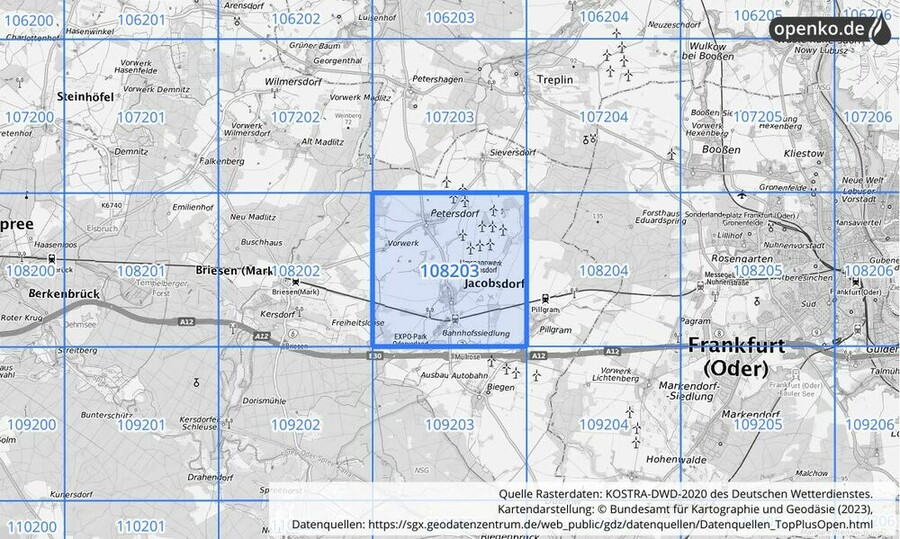 Übersichtskarte des KOSTRA-DWD-2020-Rasterfeldes Nr. 108203