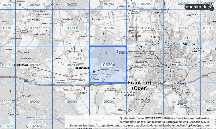 Übersichtskarte des KOSTRA-DWD-2020-Rasterfeldes Nr. 108204