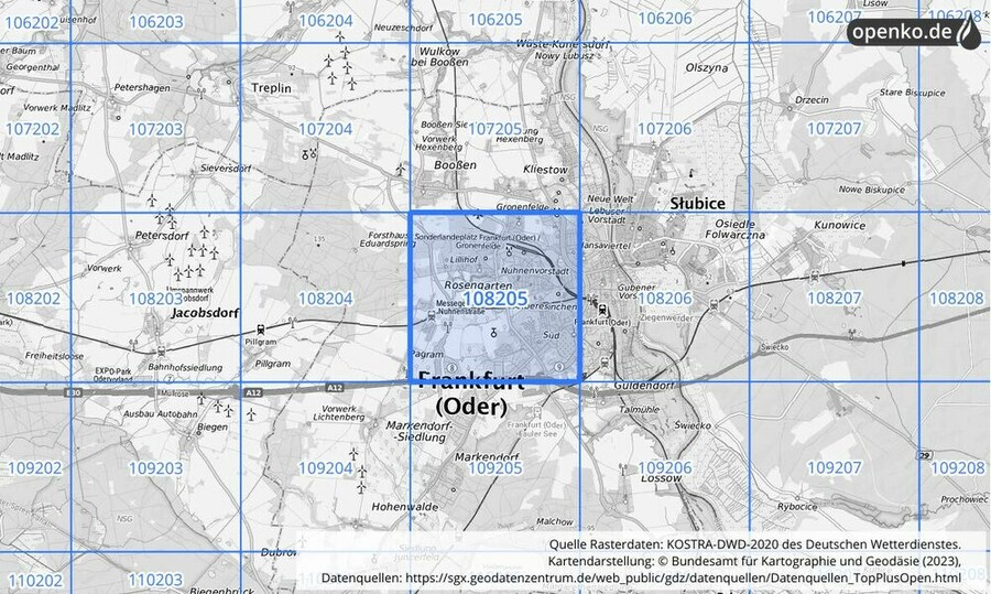 Übersichtskarte des KOSTRA-DWD-2020-Rasterfeldes Nr. 108205