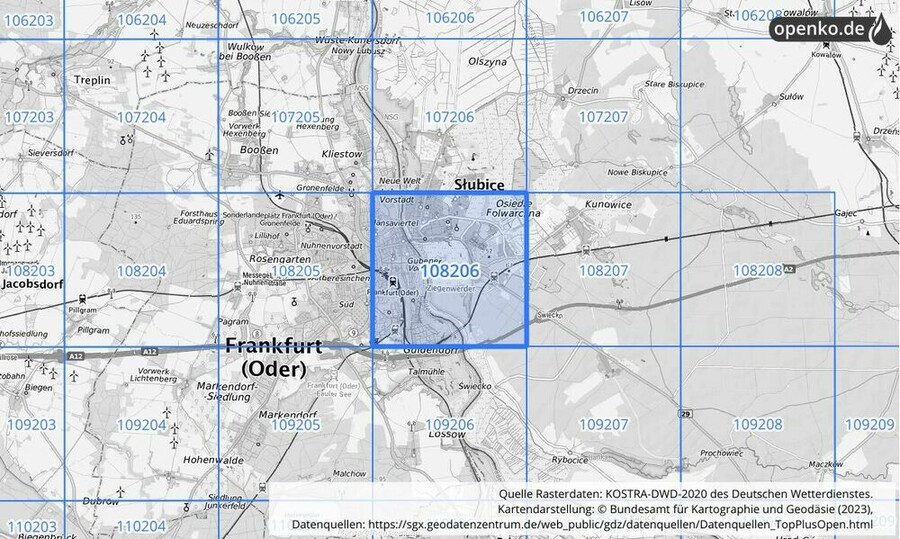 Übersichtskarte des KOSTRA-DWD-2020-Rasterfeldes Nr. 108206