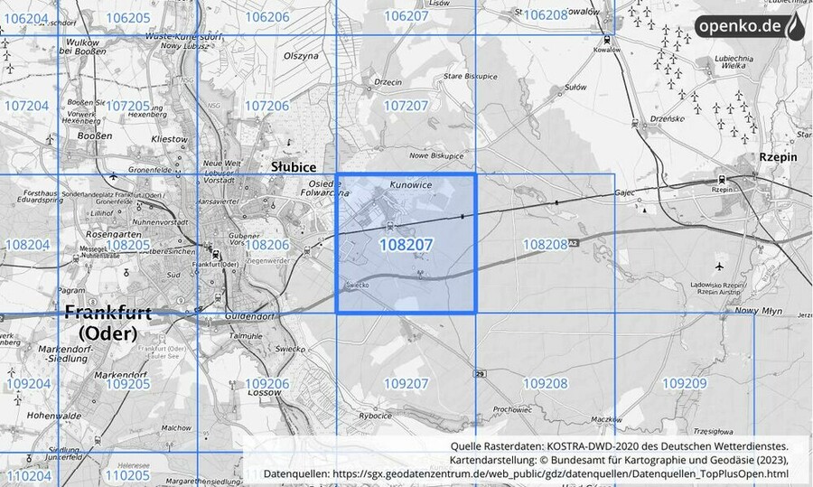 Übersichtskarte des KOSTRA-DWD-2020-Rasterfeldes Nr. 108207