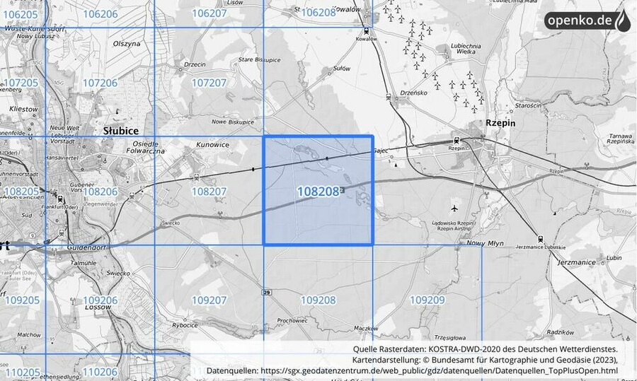 Übersichtskarte des KOSTRA-DWD-2020-Rasterfeldes Nr. 108208