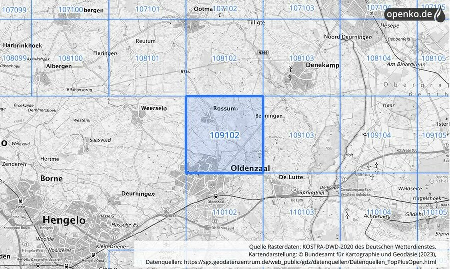 Übersichtskarte des KOSTRA-DWD-2020-Rasterfeldes Nr. 109102