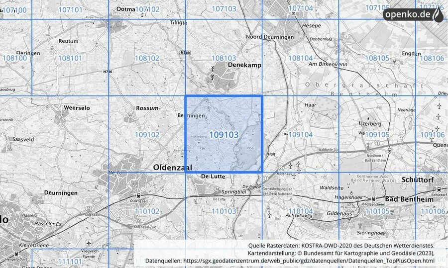 Übersichtskarte des KOSTRA-DWD-2020-Rasterfeldes Nr. 109103