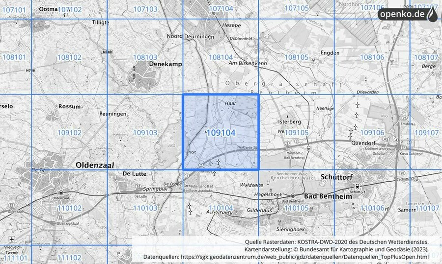 Übersichtskarte des KOSTRA-DWD-2020-Rasterfeldes Nr. 109104