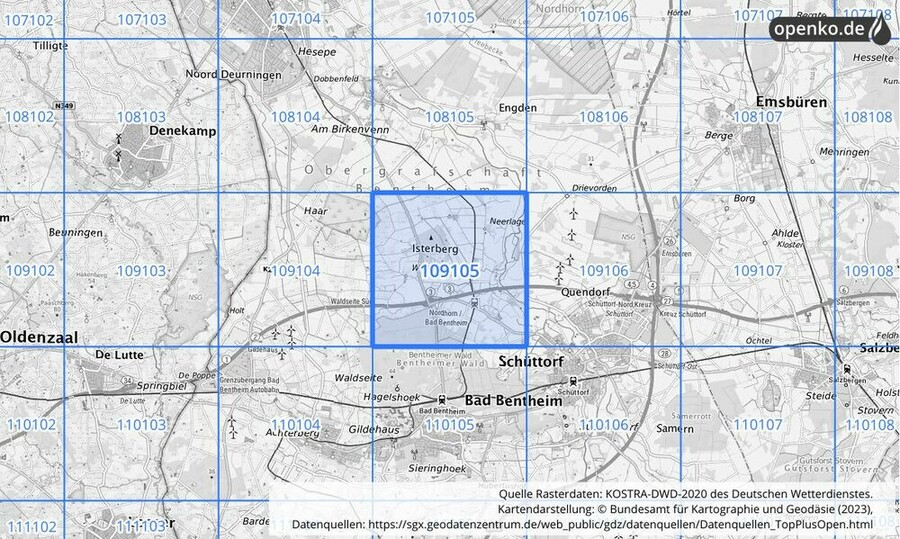 Übersichtskarte des KOSTRA-DWD-2020-Rasterfeldes Nr. 109105