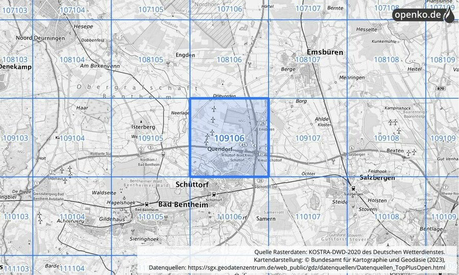 Übersichtskarte des KOSTRA-DWD-2020-Rasterfeldes Nr. 109106