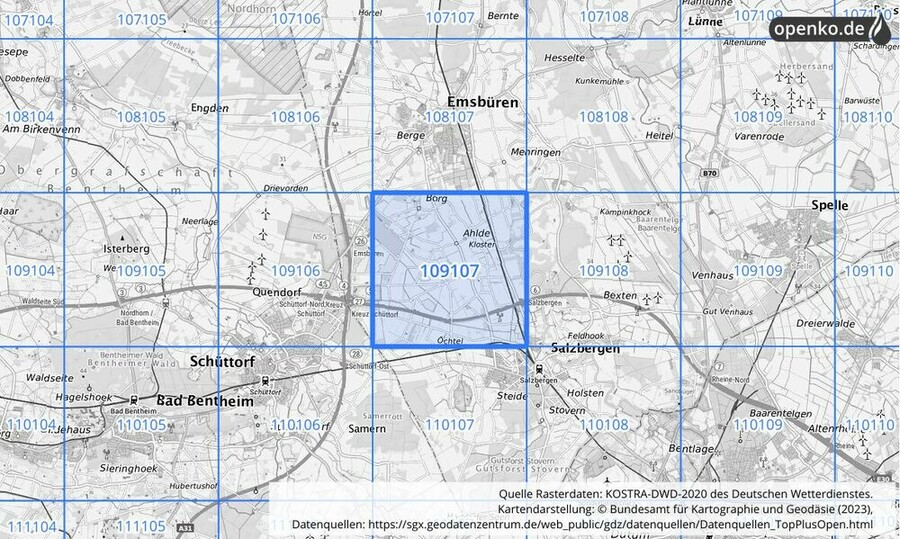 Übersichtskarte des KOSTRA-DWD-2020-Rasterfeldes Nr. 109107