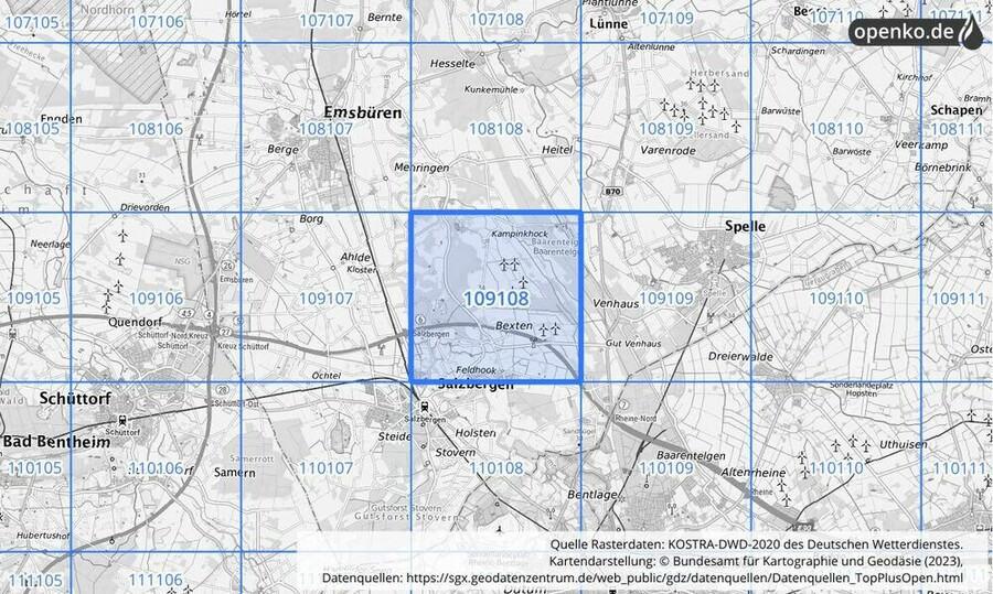 Übersichtskarte des KOSTRA-DWD-2020-Rasterfeldes Nr. 109108