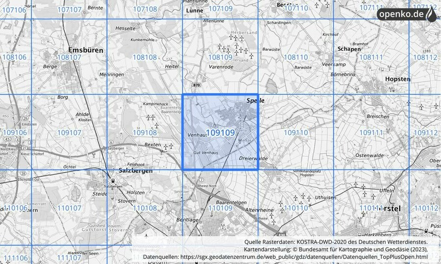 Übersichtskarte des KOSTRA-DWD-2020-Rasterfeldes Nr. 109109