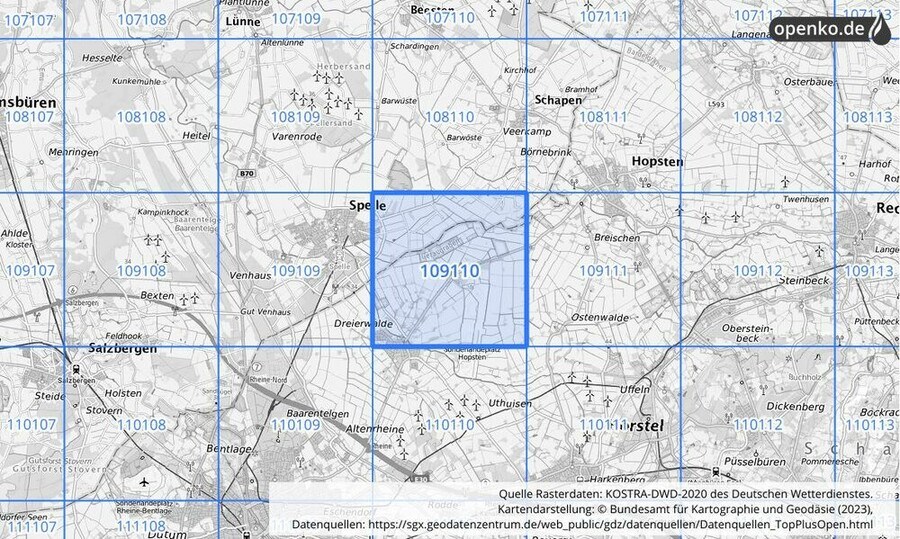 Übersichtskarte des KOSTRA-DWD-2020-Rasterfeldes Nr. 109110