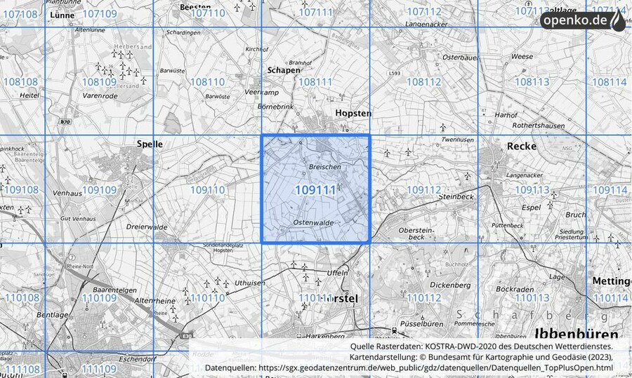 Übersichtskarte des KOSTRA-DWD-2020-Rasterfeldes Nr. 109111