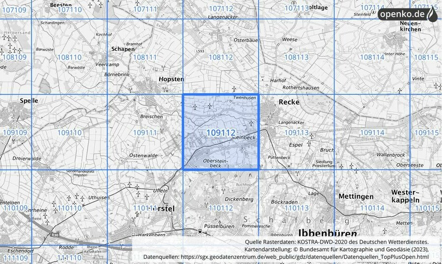 Übersichtskarte des KOSTRA-DWD-2020-Rasterfeldes Nr. 109112