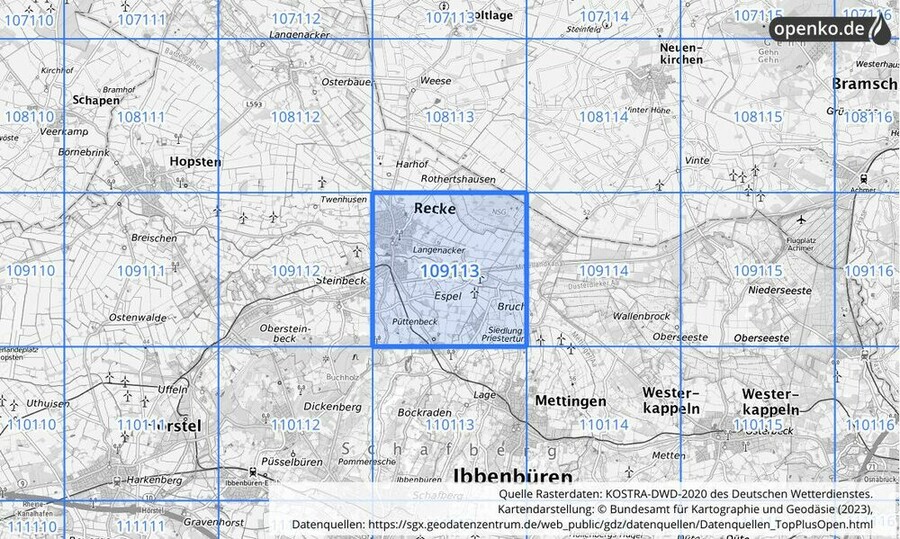 Übersichtskarte des KOSTRA-DWD-2020-Rasterfeldes Nr. 109113