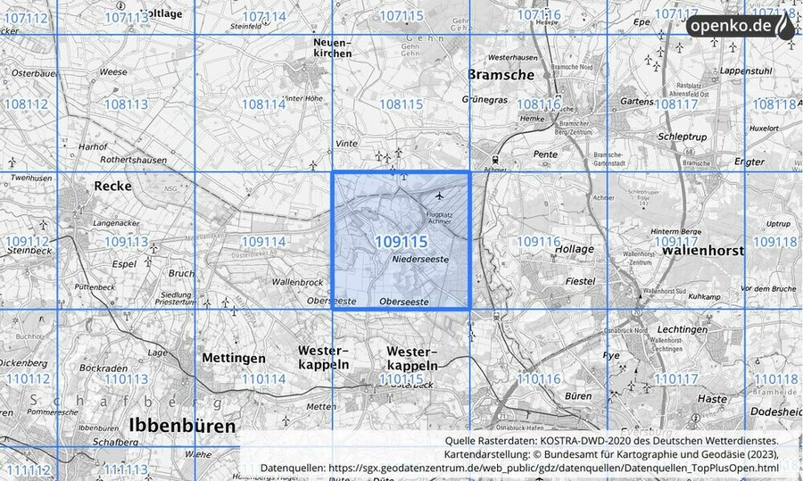 Übersichtskarte des KOSTRA-DWD-2020-Rasterfeldes Nr. 109115