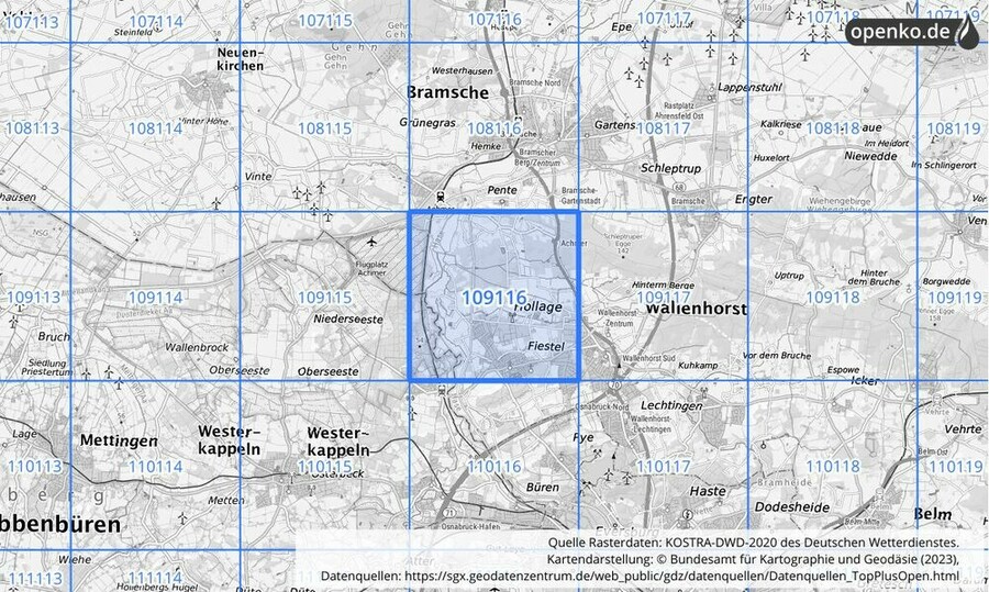 Übersichtskarte des KOSTRA-DWD-2020-Rasterfeldes Nr. 109116