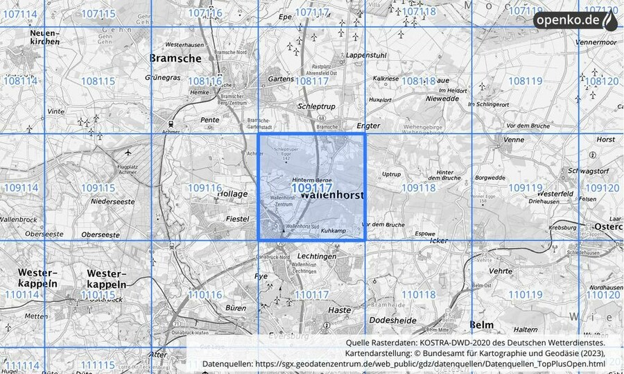 Übersichtskarte des KOSTRA-DWD-2020-Rasterfeldes Nr. 109117