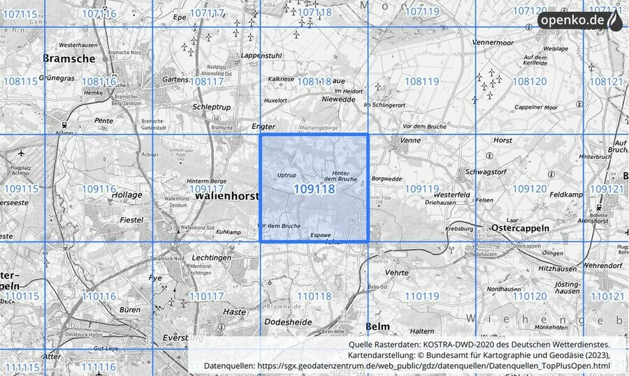 Übersichtskarte des KOSTRA-DWD-2020-Rasterfeldes Nr. 109118