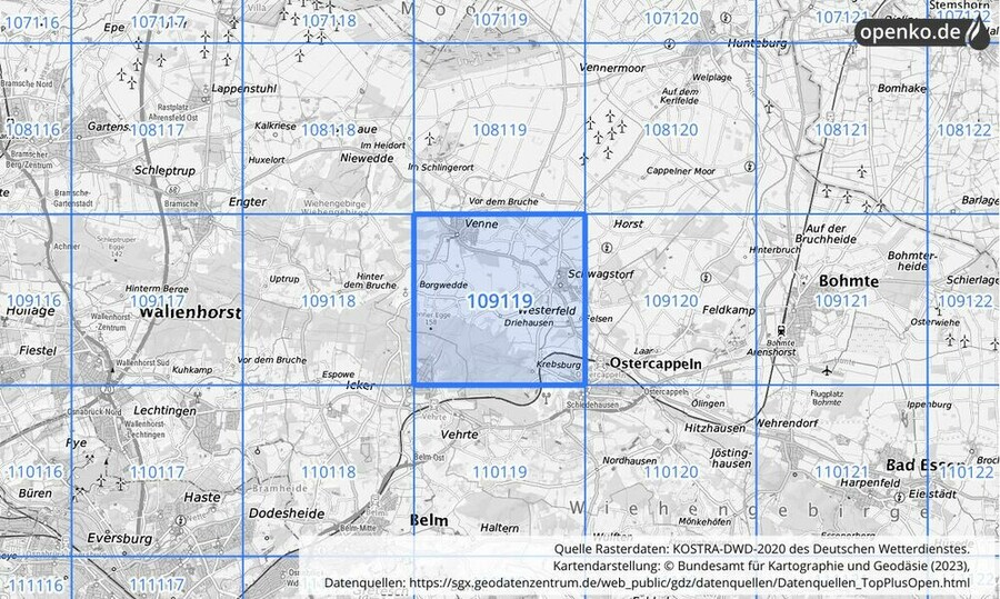 Übersichtskarte des KOSTRA-DWD-2020-Rasterfeldes Nr. 109119