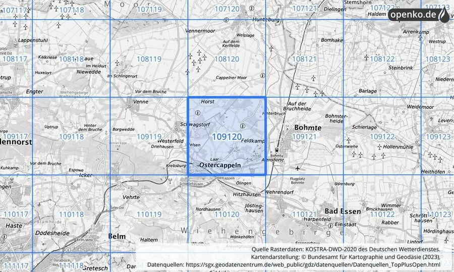 Übersichtskarte des KOSTRA-DWD-2020-Rasterfeldes Nr. 109120