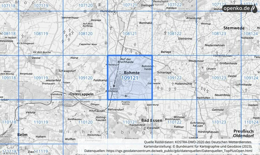 Übersichtskarte des KOSTRA-DWD-2020-Rasterfeldes Nr. 109121