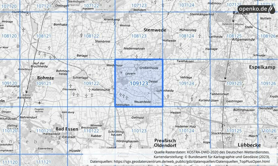 Übersichtskarte des KOSTRA-DWD-2020-Rasterfeldes Nr. 109123