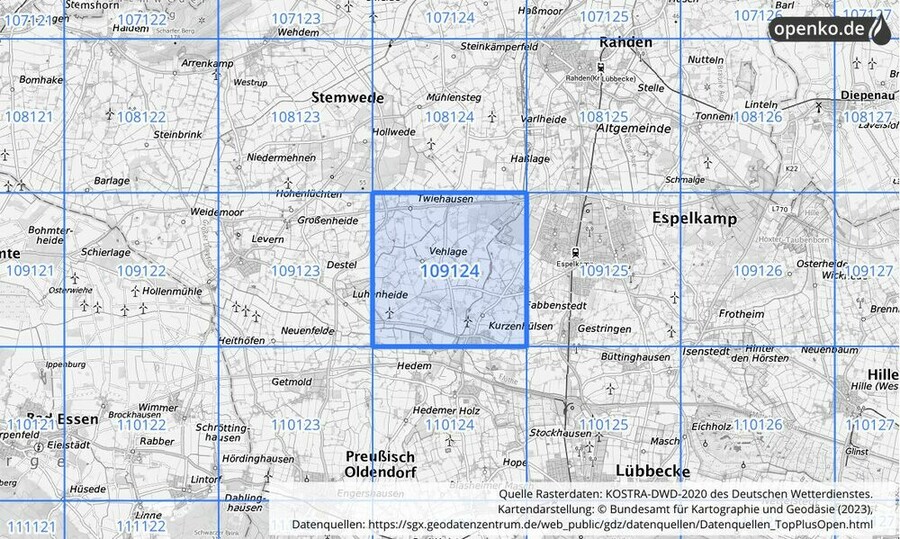 Übersichtskarte des KOSTRA-DWD-2020-Rasterfeldes Nr. 109124