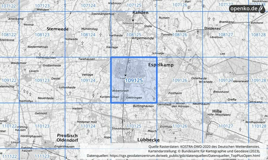 Übersichtskarte des KOSTRA-DWD-2020-Rasterfeldes Nr. 109125