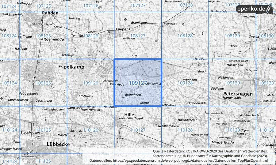 Übersichtskarte des KOSTRA-DWD-2020-Rasterfeldes Nr. 109127