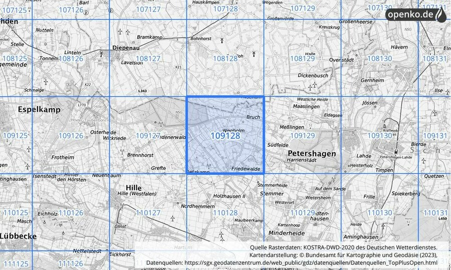 Übersichtskarte des KOSTRA-DWD-2020-Rasterfeldes Nr. 109128