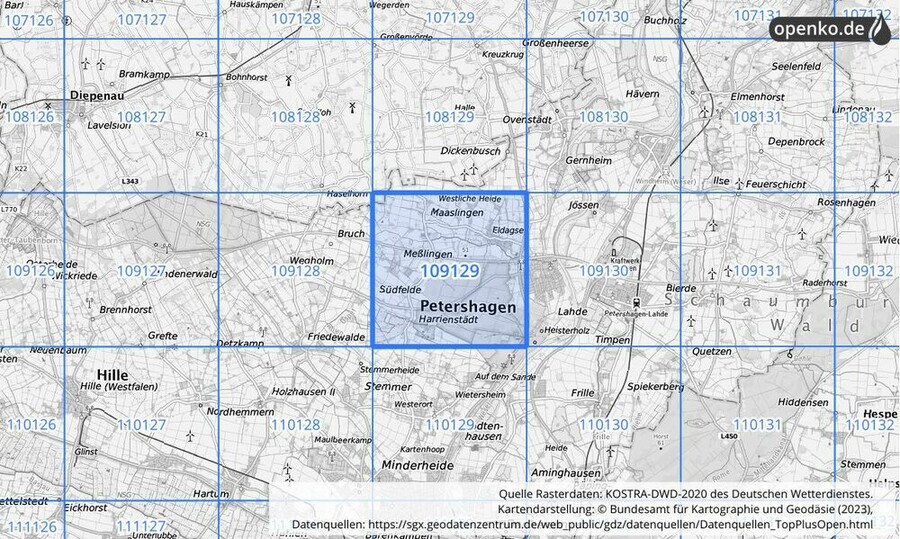 Übersichtskarte des KOSTRA-DWD-2020-Rasterfeldes Nr. 109129