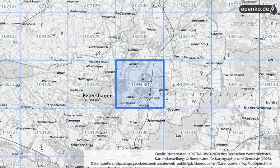 Übersichtskarte des KOSTRA-DWD-2020-Rasterfeldes Nr. 109130