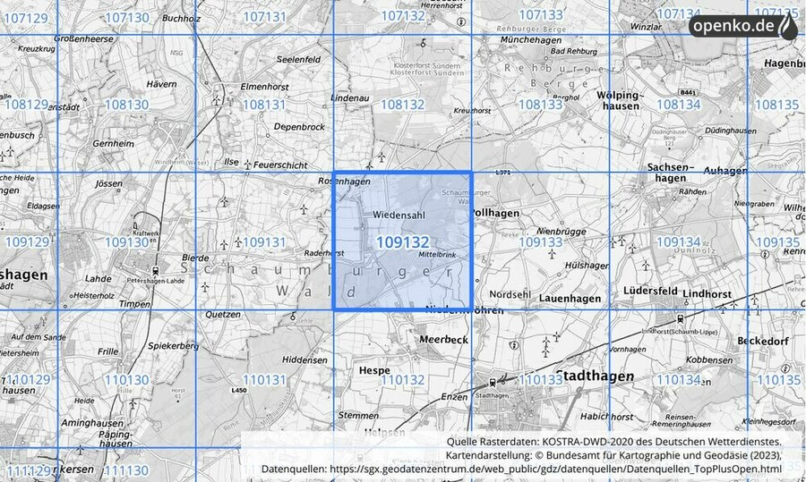 Übersichtskarte des KOSTRA-DWD-2020-Rasterfeldes Nr. 109132