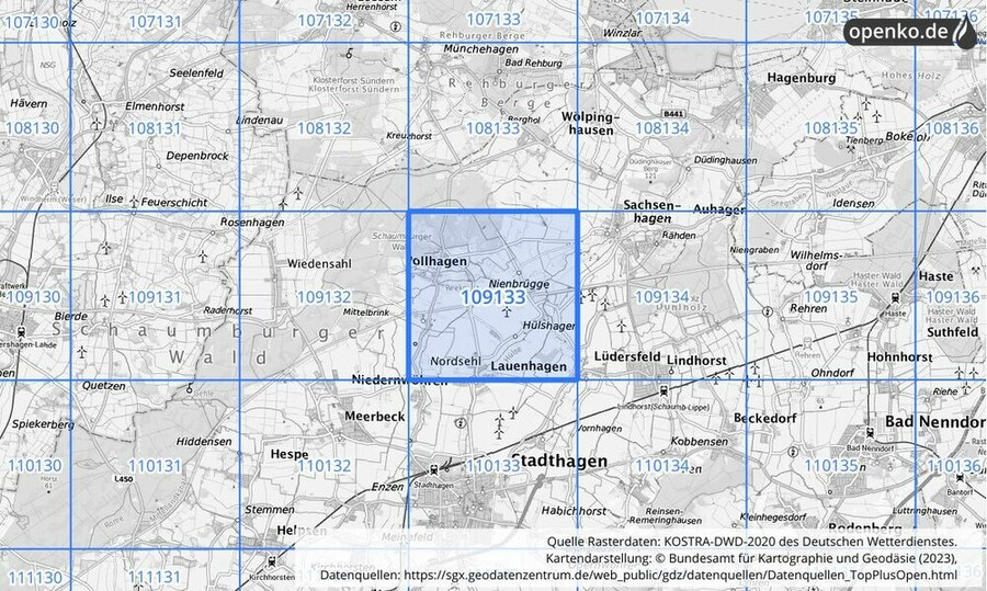 Übersichtskarte des KOSTRA-DWD-2020-Rasterfeldes Nr. 109133